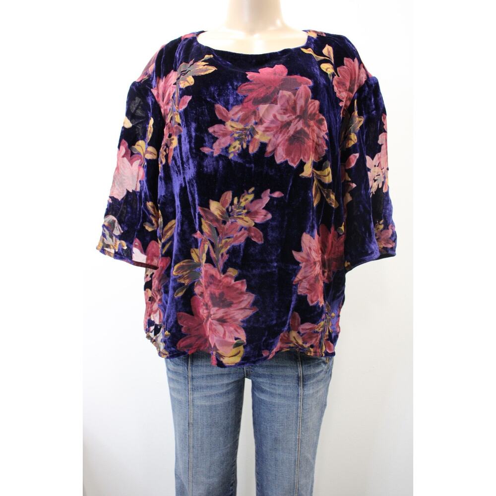 Coldwater Creek Womens Large Velvet Floral Print Top‎ Scoop Neck Short Sleeves